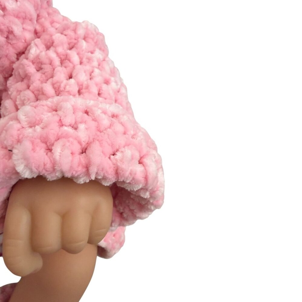Handmade Pink Chenille Newborn Baby Hoodie & Booties Set Bear Ears Soft Plush - Picture 6 of 16